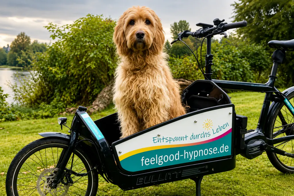 Hündin Ayla im Lastenrad der Praxis Feelgood Hypnose in Lübeck